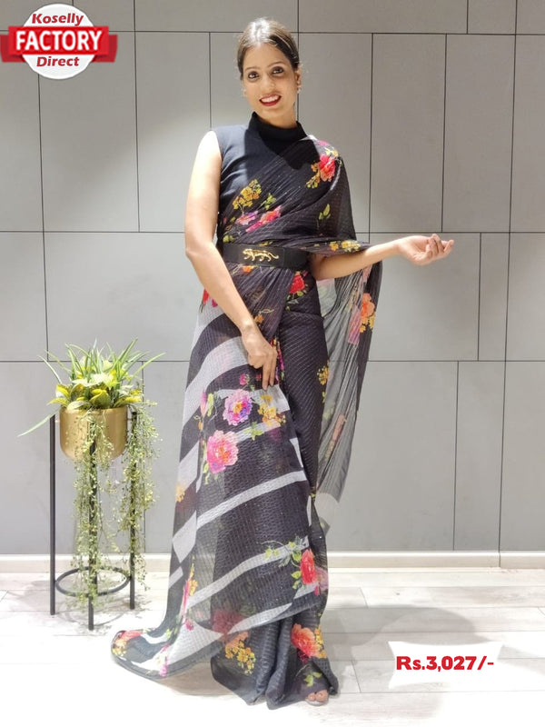 Black Floral Ready To Wear Saree With Sabyasachi Belt