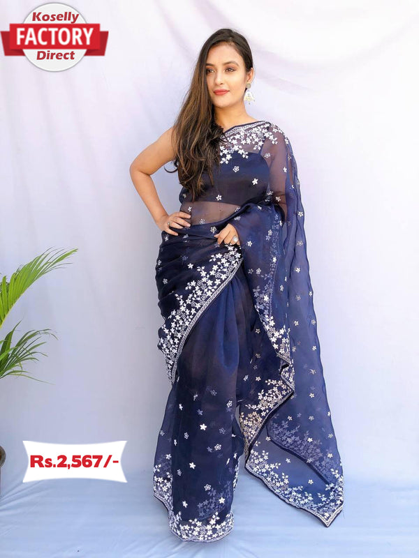 Navy Blue Pure Organza Embroidered Saree