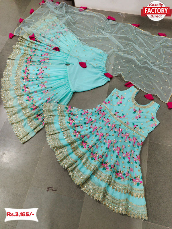 Sky Blue Embroidered Kurtha Sharara Dress