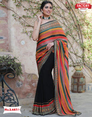 Black Multi-colour striped Partywear Saree