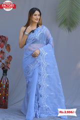Light Blue Pure Organza Silk Cut-work Border Saree