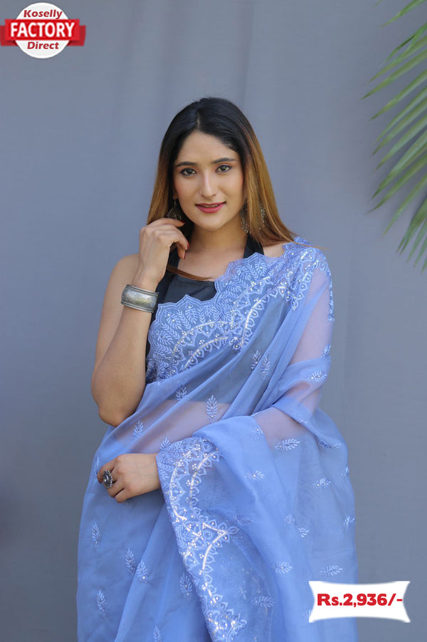 Light Blue Pure Organza Silk Cut-work Border Saree