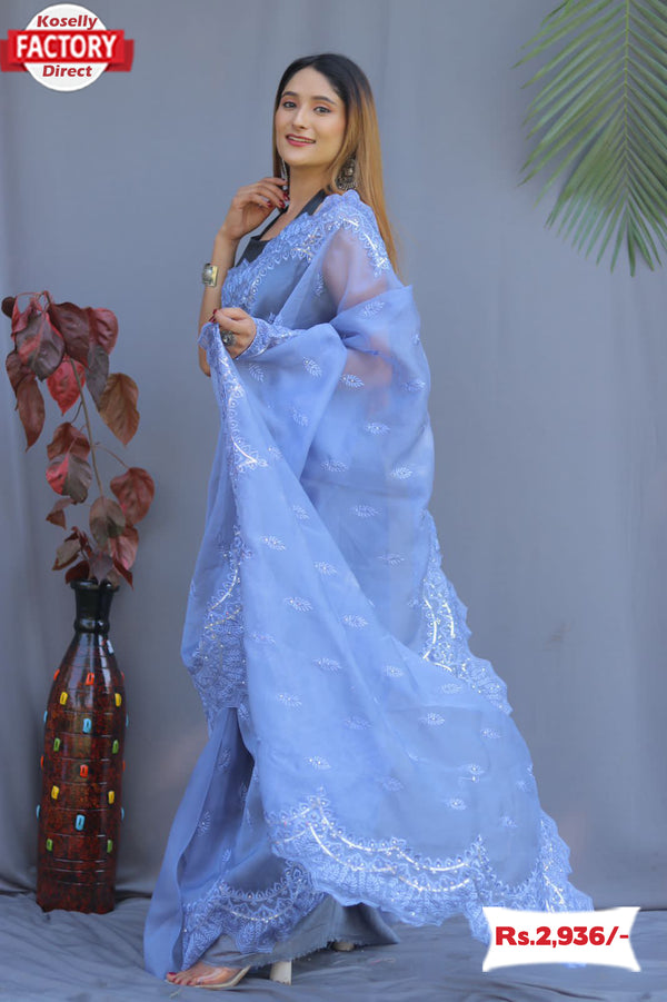 Light Blue Pure Organza Silk Cut-work Border Saree