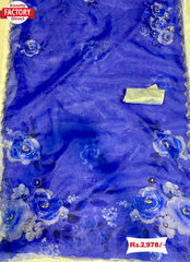Blue Organza Digital Print Saree With Embroidery