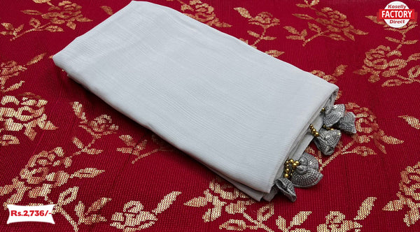 Ash Pure Chiffon Saree With Tassels