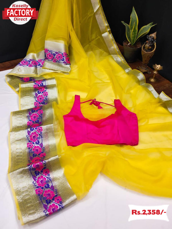 Yellow Pure Organza Saree with Banarasi Multi-colour Border
