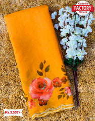 Yellow Pure Organza 3D Print Saree With Handwork