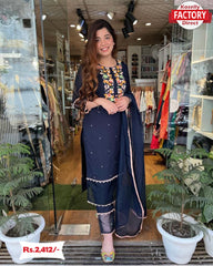 Navy Blue Embroidered Kurtha Sharara Dress