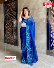 Royal Blue Pure Organza Embroidered Saree