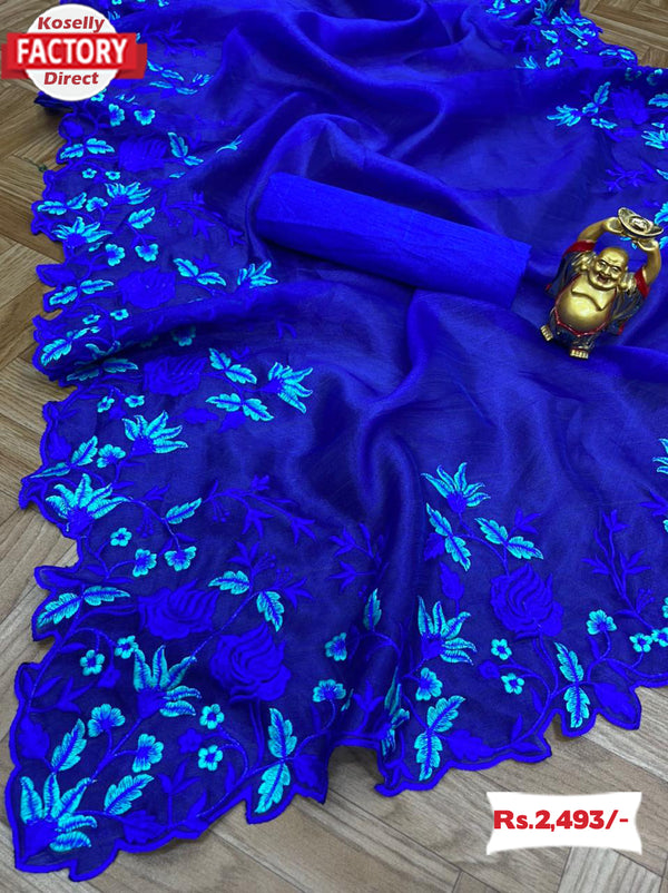 Royal Blue Pure Organza Embroidered Saree