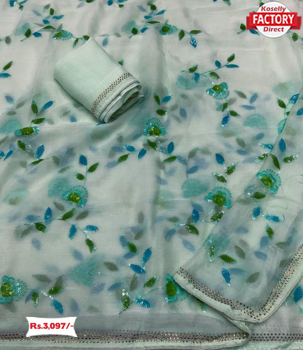 Light Blue Chiffon Multi Embroidery Saree