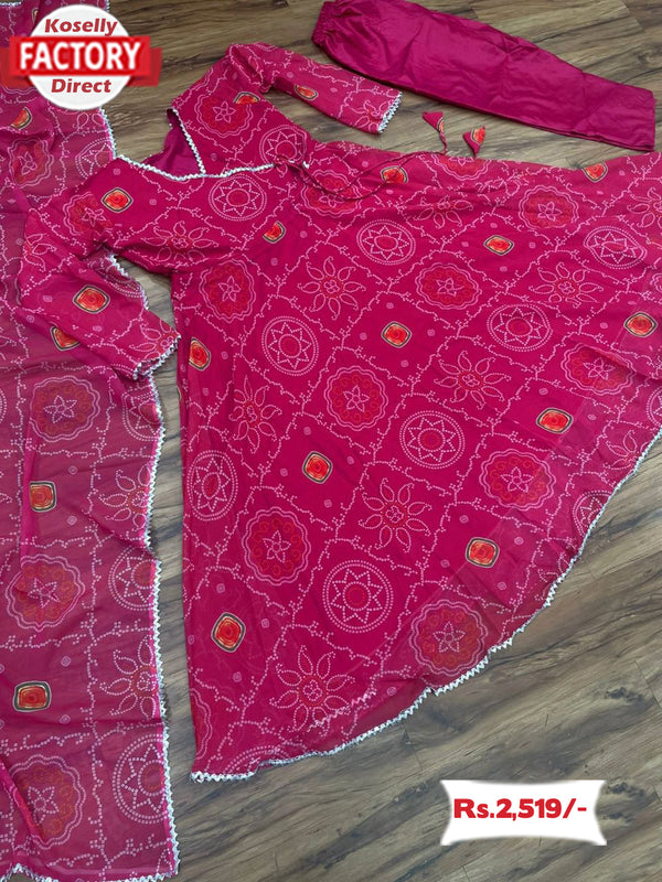 Pink Bandhani Kurthi Pant Dupatta Set