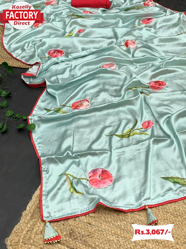 Sea Blue Pure Japan Satin Saree With Handwork