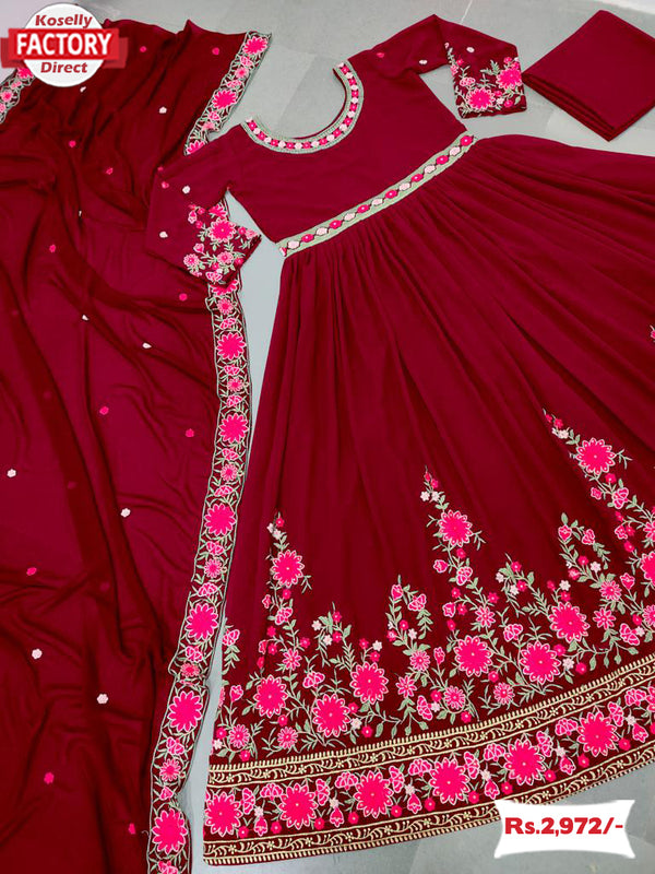 Dark Red Embroidered Gown with Dupatta
