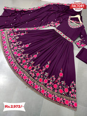 Wine Embroidered Gown with Dupatta