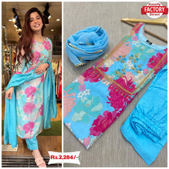Sky Blue Multicolour Kurtha Palazzo Dupatta Set