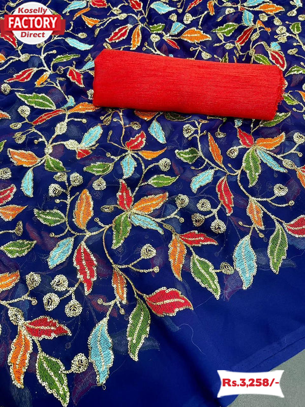 Royal Blue Multi-thread Embroidered Georgette Saree