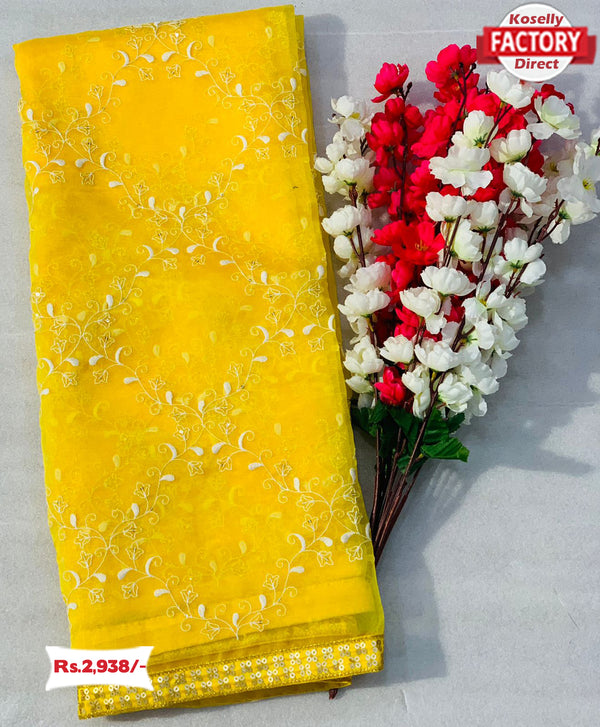 Yellow Pure Organza Lucknowi Work Saree