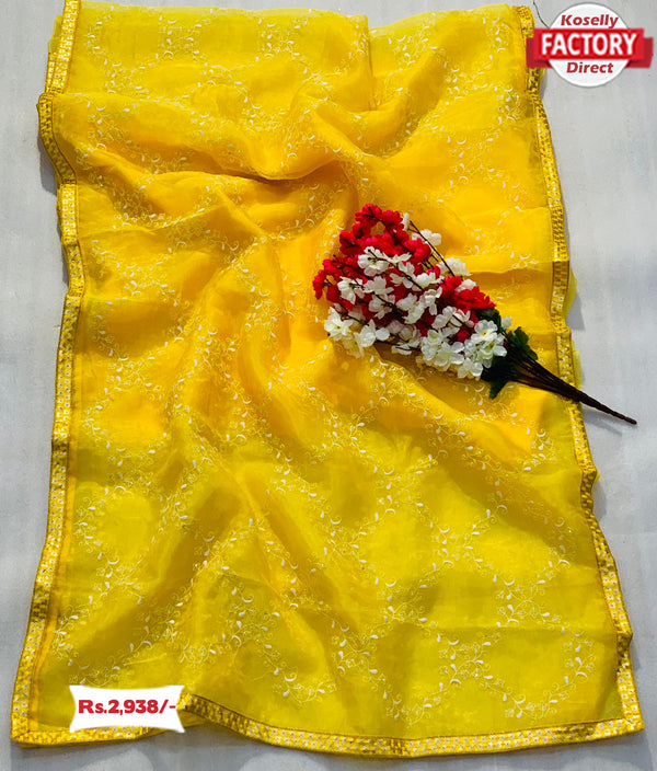 Yellow Pure Organza Lucknowi Work Saree