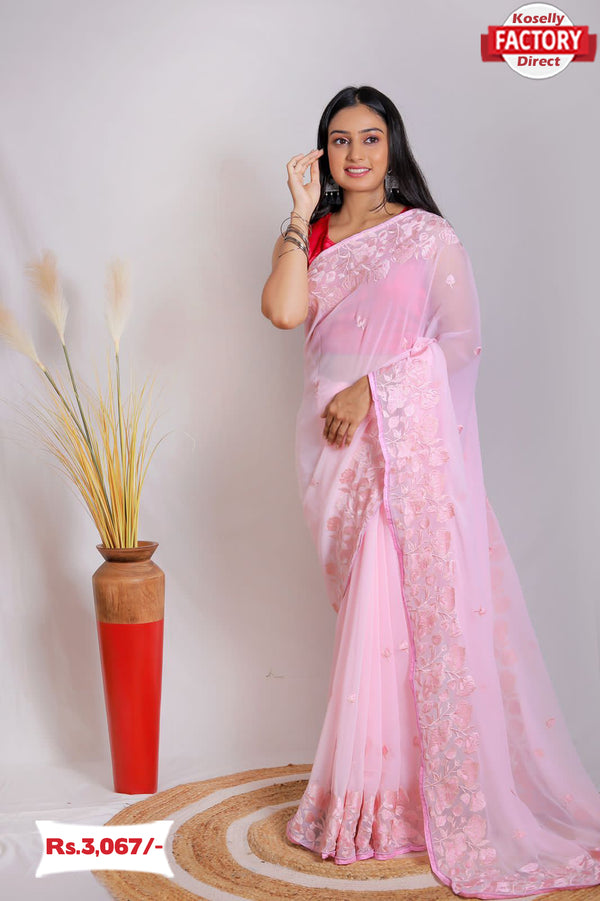 Baby Pink Pure Georgette Embroidered Saree