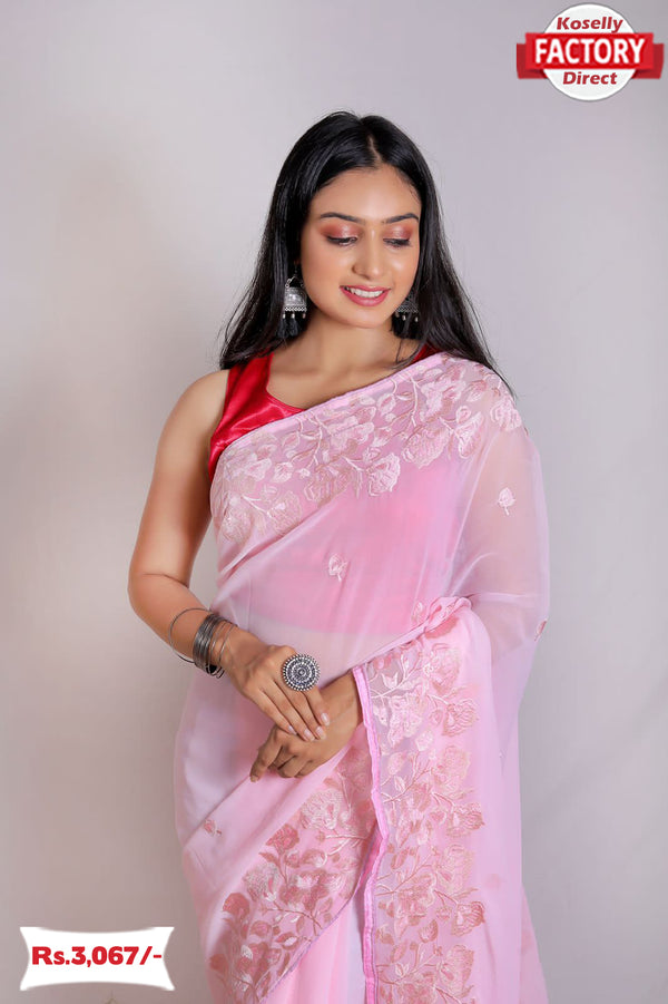 Baby Pink Pure Georgette Embroidered Saree