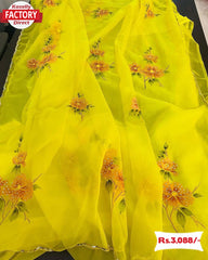 Yellow Pure Organza Hand Print Saree With Handwork