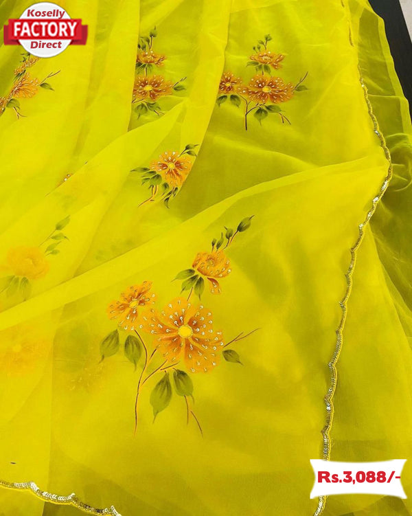 Yellow Pure Organza Hand Print Saree With Handwork