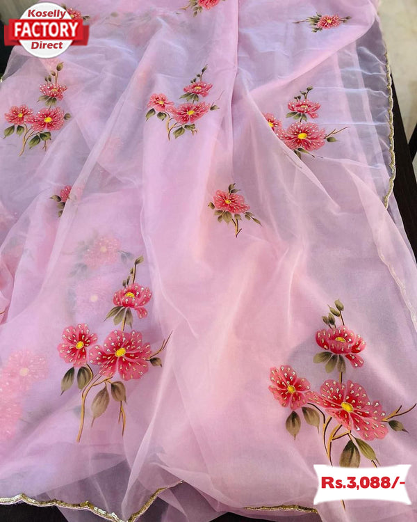 Pink Pure Organza Hand Print Saree With Handwork