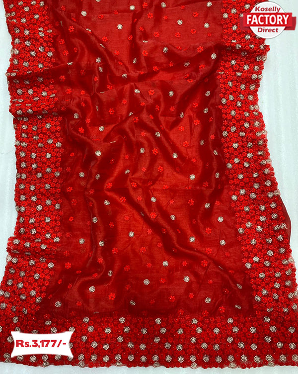 Red Pure Organza Pearl Embroidery Saree