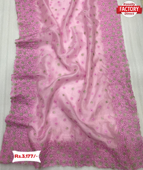 Pink Pure Organza Pearl Embroidery Saree