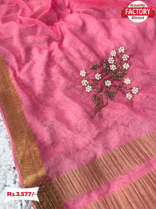 Pink Pure Viscose Chiffon Designer Handwork Saree