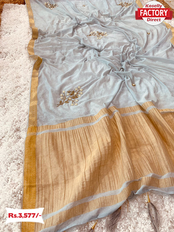 Ash Pure Viscose Chiffon Designer Handwork Saree