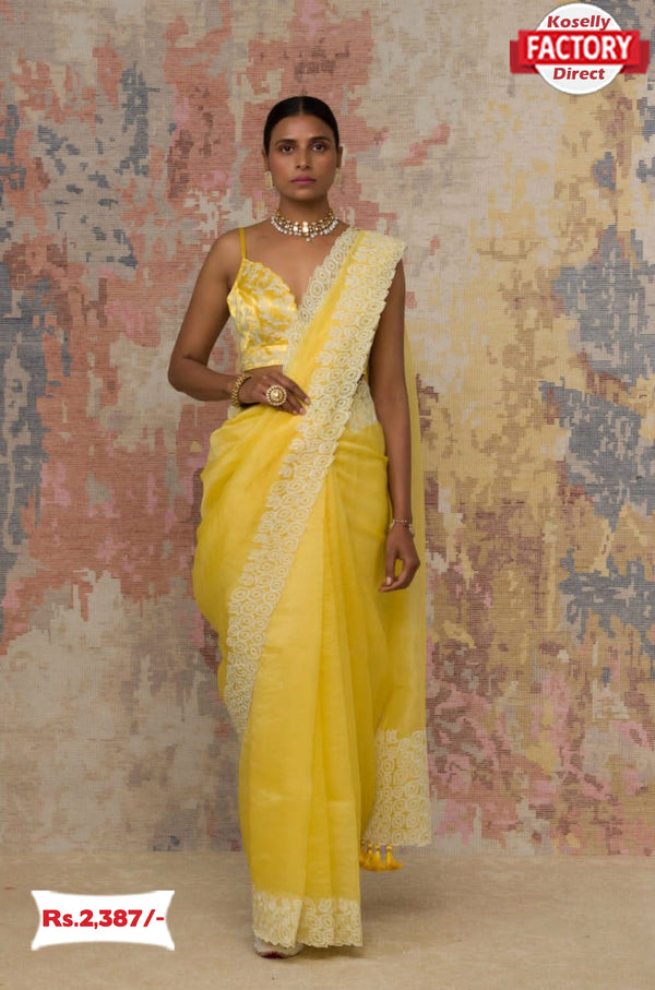 Yellow Soft Organza Embroidered Saree