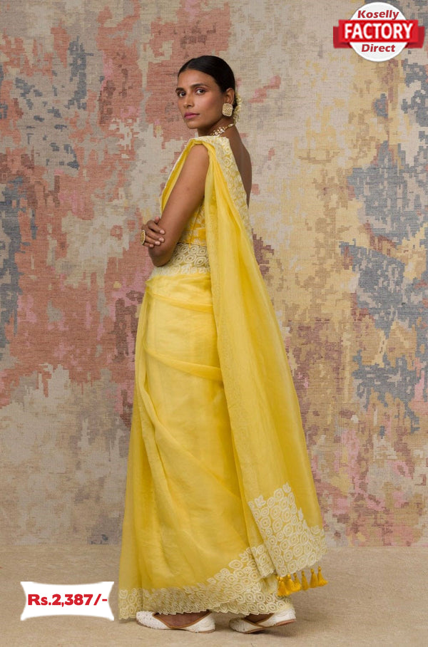 Yellow Soft Organza Embroidered Saree