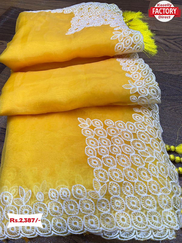 Yellow Soft Organza Embroidered Saree
