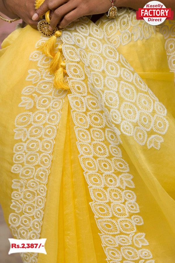 Yellow Soft Organza Embroidered Saree