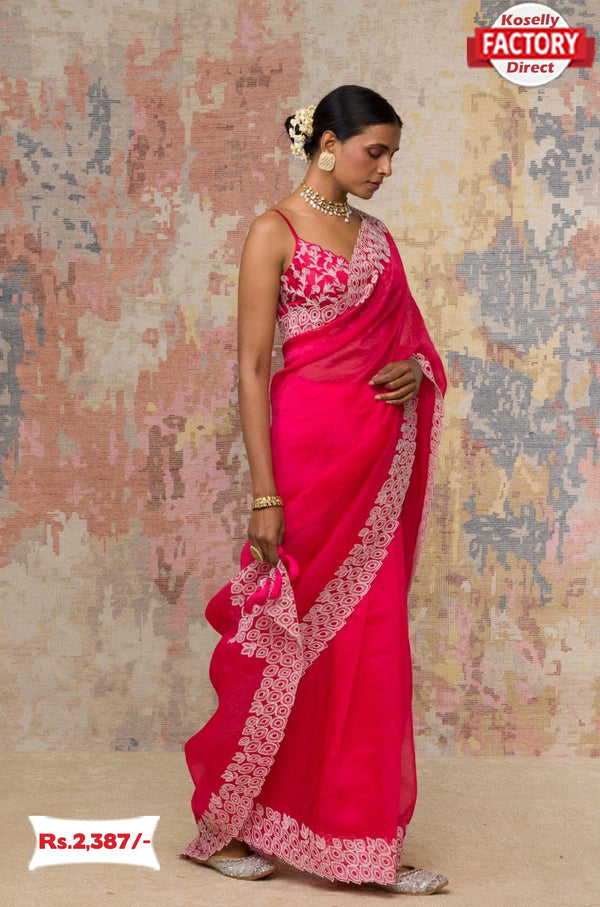 Hot Pink Soft Organza Embroidered Saree