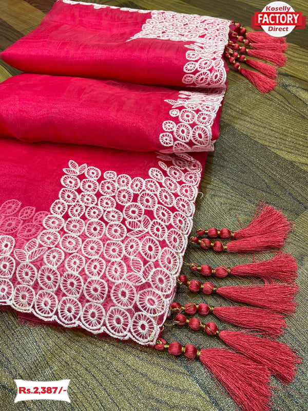 Hot Pink Soft Organza Embroidered Saree