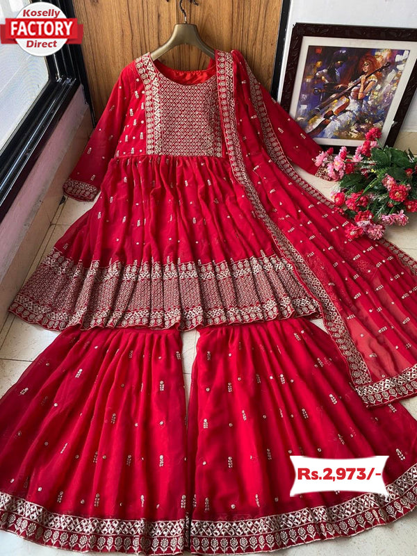 Designer Red Kurtha Sharara Dupatta Set