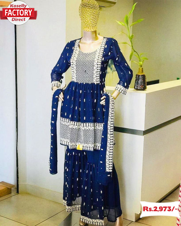 Deep Blue Designer Kurtha Sharara Dupatta Set