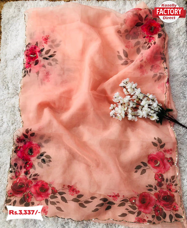Peach Pure Organza 3D Print Saree With Handwork