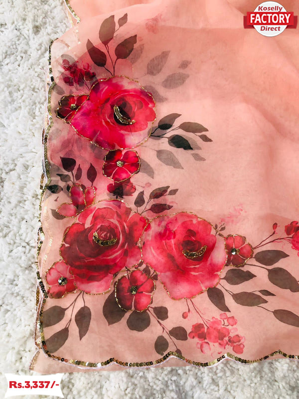 Peach Pure Organza 3D Print Saree With Handwork