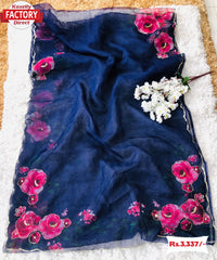 Navy Blue Pure Organza 3D Print Saree With Handwork