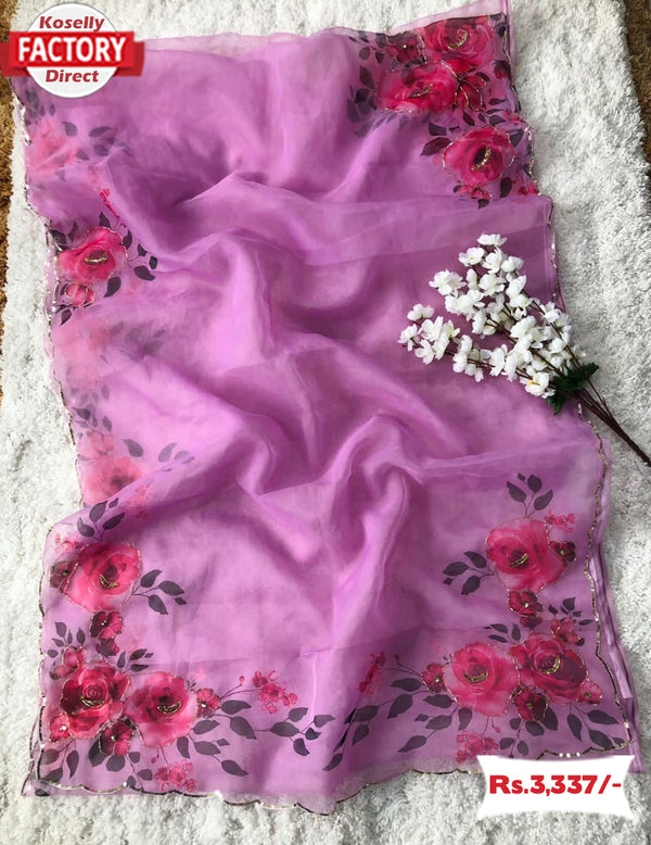 Mauve Purple Pure Organza 3D Print Saree With Handwork