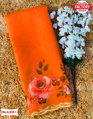 Orange Pure Organza 3D Print Saree With Handwork