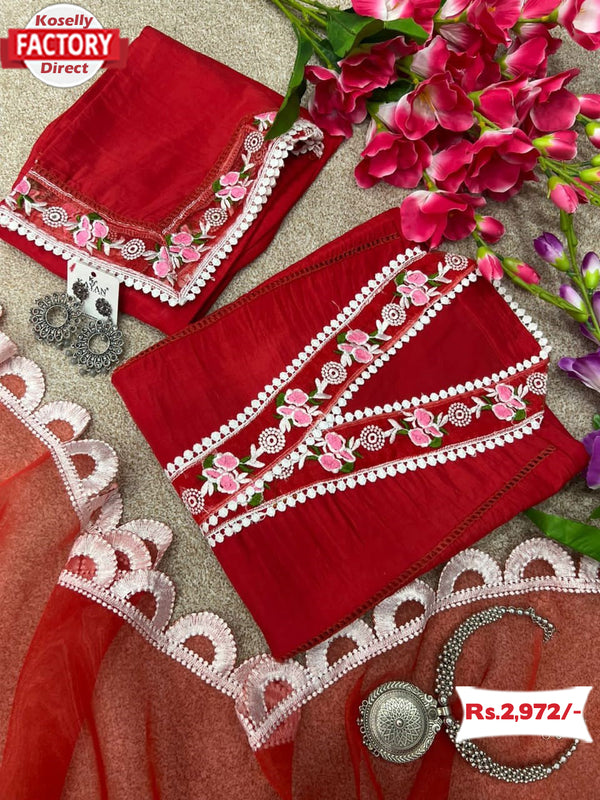 Red Embroidered Designer Kurtha Set
