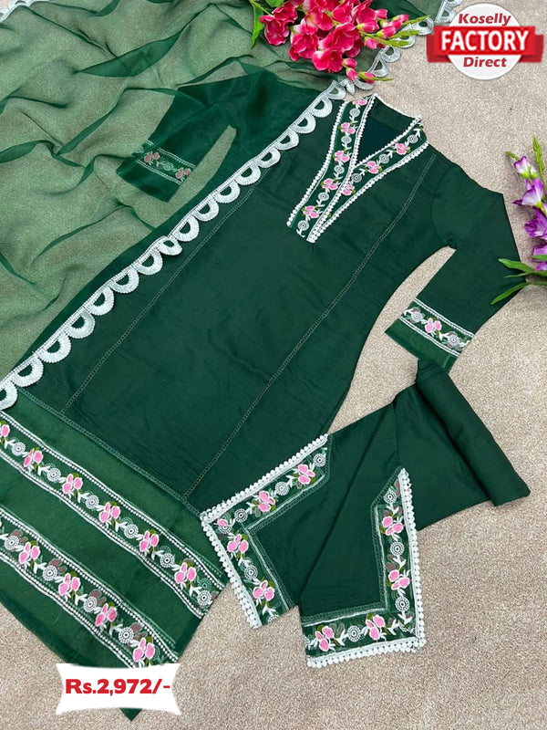 Dark Green Embroidered Designer Kurtha Set
