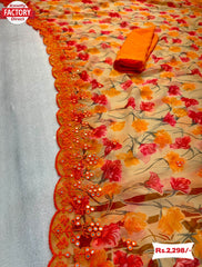 Orange Georgette Floral Saree