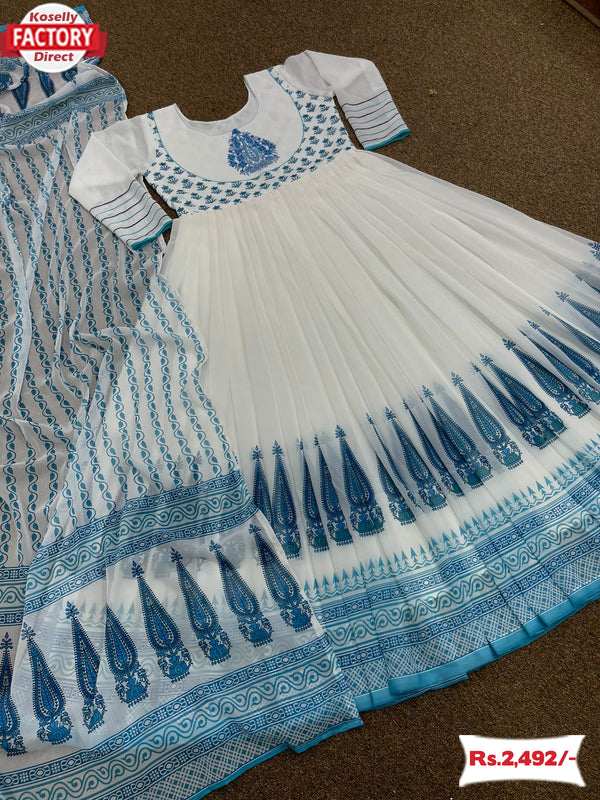 White and Blue Digital Printed Gown with Dupatta