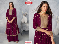 Wine Embroidered Semi-Stitched Kurtha Palazzo Set